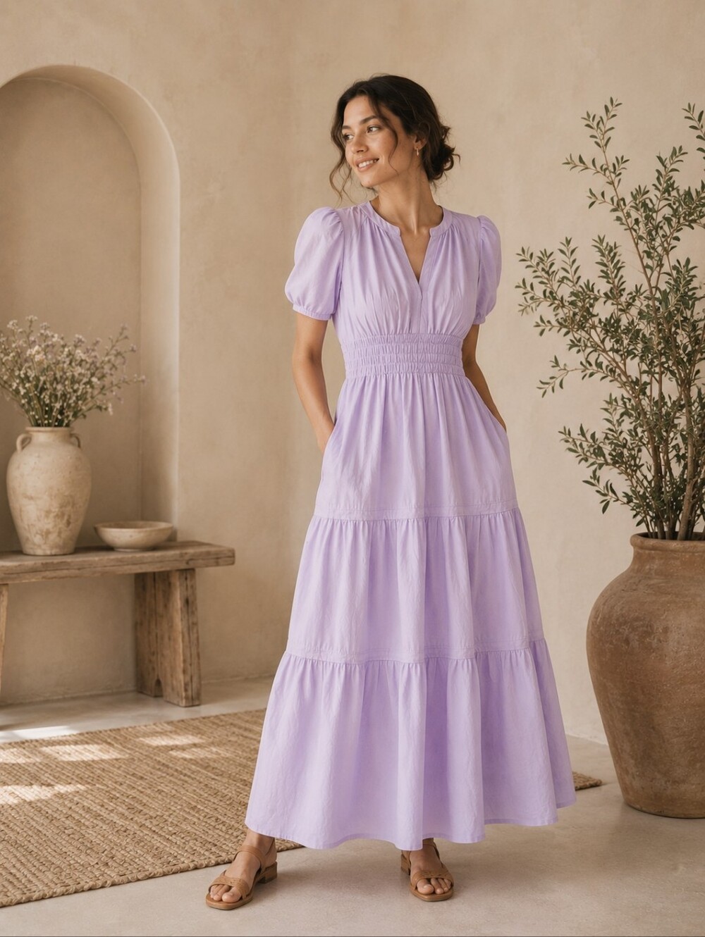 Quince New Women 100% ORGANIC COTTON Poplin Tiered Maxi Dress LARGE Pastel Lilac